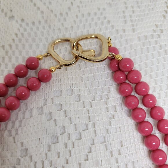 Vintage Beaded Necklace Two Strand Two Barrel Shaped Beads Pink Gold Tone - Picture 3 of 10